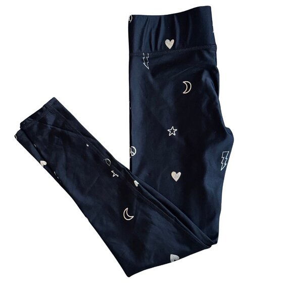 TEREZ  Silver Doodle Foil Black Leggings Star Hearts Peace Moon Size Small NEW - Picture 2 of 4
